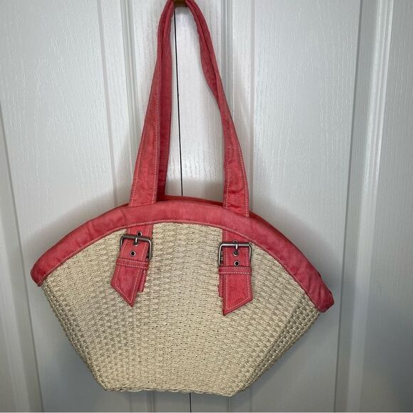 Rolfs Woven Straw Purse Handbag Cream With Pink Straps - Picture 3 of 13